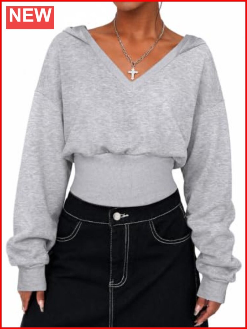 V Neck Cropped Hoodie Long Sleeve Crop Top Sweatshirt Relaxed Fit
